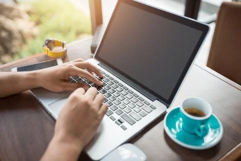 Close up man use laptop computer Stock Photos