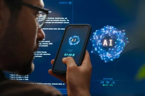 Close-up of man using AI voice assistant on smartphone Foto stock