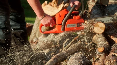 Close Up Man Using Chainsaw to Cut Large Pile of Logs Stock Footage 323081007