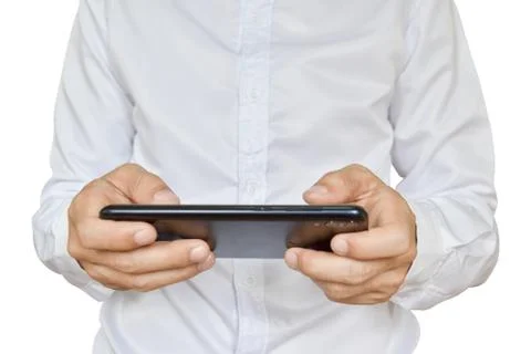 Close up of man using mobile smartphone isolated on white background Stock Photos