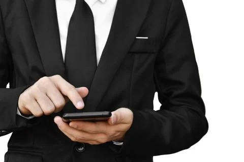 Close up of man using mobile smartphone isolated on white background. Stock Photos