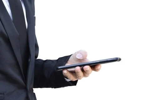 Close up of man using mobile smartphone isolated on white background. Stock Photos