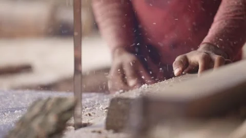 Close Up Of Man Using Saw Machine To Cut Wooden Log For Pencil Production Stock Footage 264728929
