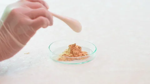 Close up man using spoon put light brown powder into flat glass container Vídeos de archivo 156240896