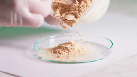 Close up man using spoon put light brown powder into flat glass container Stock Footage 156240939