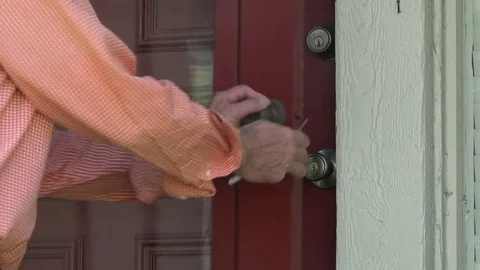 Close Up of Man Walk Inserting Key and Opening Front Door Stock Footage 79111028