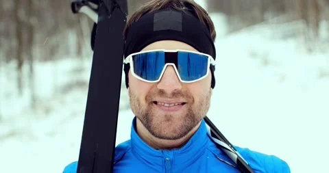 Close-up of man wearing blue ski goggles. Stock Footage 294685644