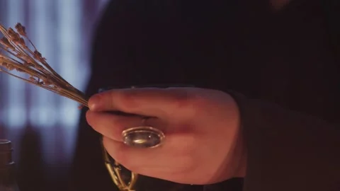 Close up of man wizard burns a bunch of magic branches Vídeo Stock 143513841