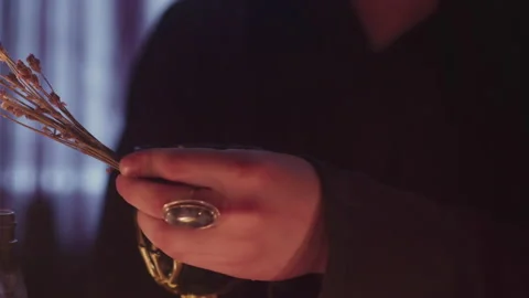 Close up of man wizard burns a bunch of magic branches Stock Footage 179403168