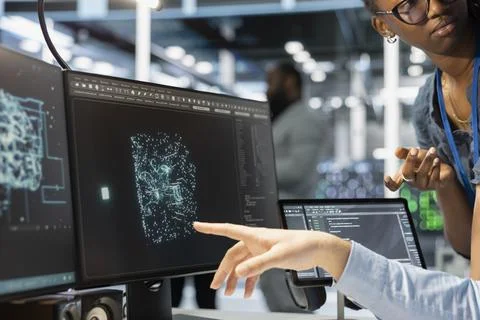 Close up of manager supervising admin integrating AI automation in data center Stock Photos