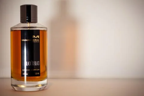 Close up of Mancera Back to Black eau de parfum against a plane white backgro Stock Photos