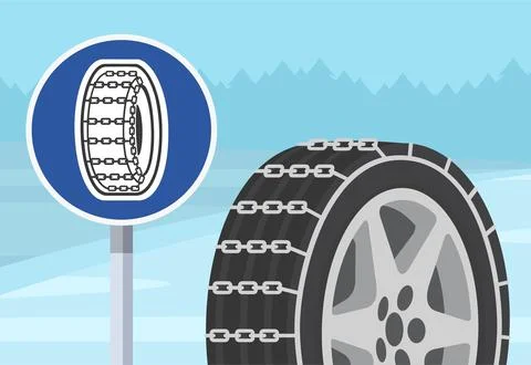 Close-up of a "mandatory usage of snow chains" sign and perspective view of tire Stock Illustration