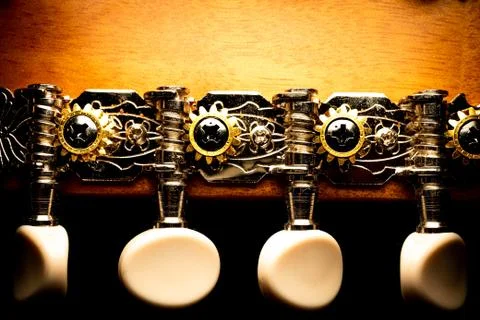 Close Up of Mandolin Tuning System with Ornate Metal and Wood Grain Stock Photos