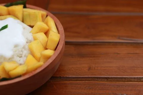 A close up of mango sticky rice Stock Photos