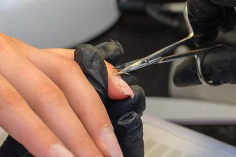 Close-up manicure process, female hands painting nails Stock Photos
