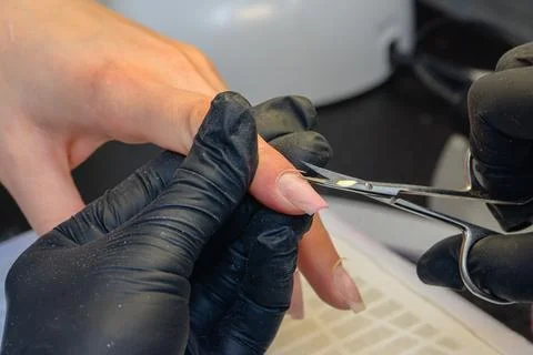 Close-up manicure process, female hands painting nails Stock Photos