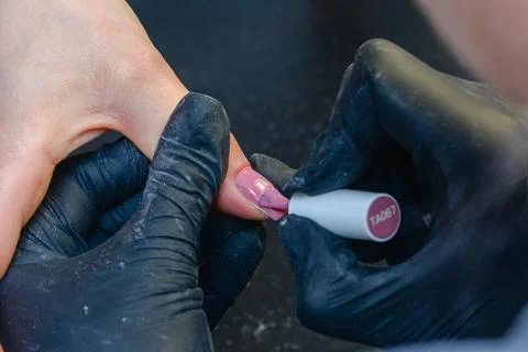 Close-up manicure process, female hands painting nails Stock Photos
