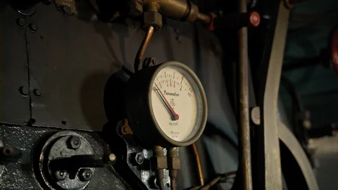 A close up of a manometer on an old steam train Stock Footage 107193099