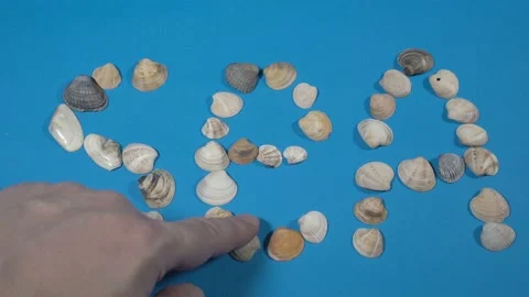 Close-up, a man's and a woman's hand lay out the inscription "sea" from shell Video stock 124855259