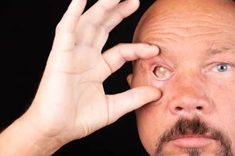 Close-up of a man's face with the consequences of glaucoma, dry eyes. Selecti Stock-Fotos