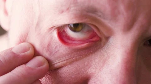 Close up of man's face showing red bloodshot eye. Stock Footage 196110164