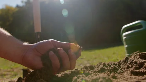 Close-up of a man's hand picking soil to test for tree planting. Stock Footage 195009023