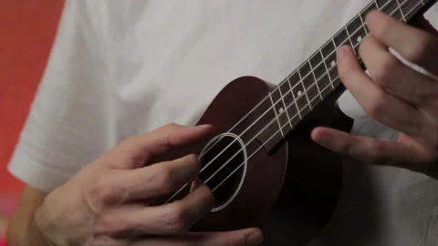 Close-up of mans hand playing ukulele in white t-shirt Stock Footage 148188689