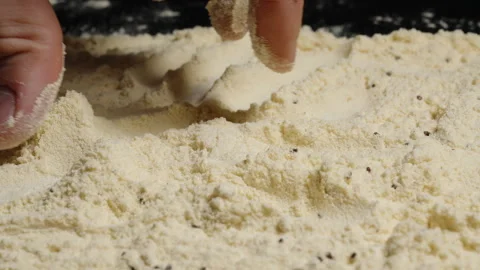 A close-up of a man's hand scooping flour with the eggs of Tribolium confusum Stock Footage 283305707