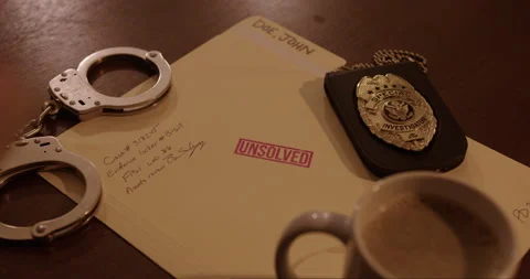 Close Up of a Man's Hand Stamping an Unsolved Cold Case File Stock Footage 262420469