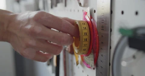 Close-up of a man's hand taking measuring tape off a hook. Stock Footage 144888743
