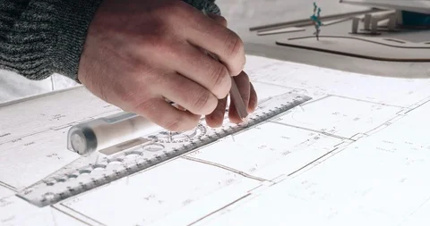Close up of Man’s hands drawing lines on the Large Format Paper at Modern Stock Footage 126253063