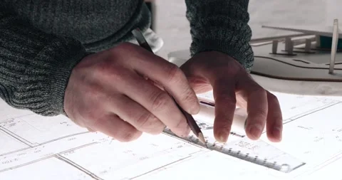 Close up of Man’s hands drawing lines on the Large Format Paper at Modern Stock Footage 139240781