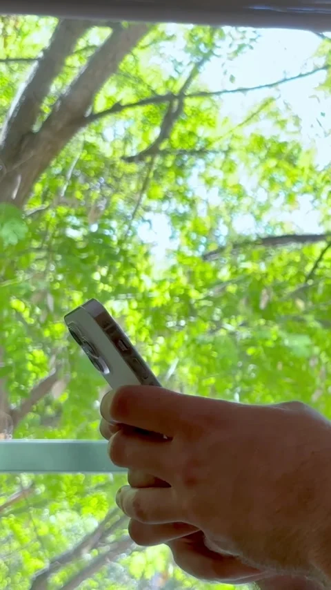 Close-up of a man's hands holding and using a modern smartphone, scrolling Stock Footage 345077809