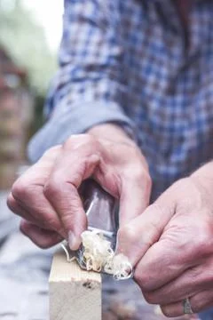 Close up of mans hands working with a plane on wooden plank Stock Photos