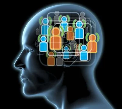 Close-up of a man's head with blue and orange friends icons inside 스톡 일러스트