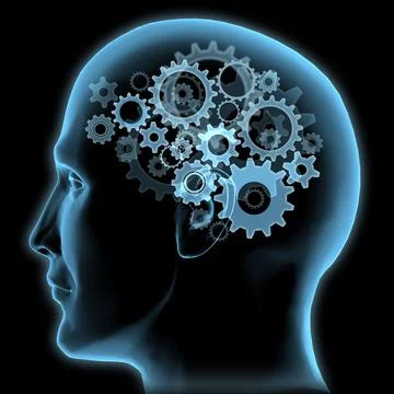 Close-up of a man's head with gears turning inside Stock Illustration