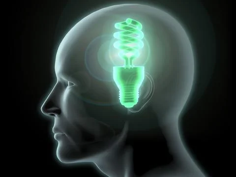 Close-up of a man's head with a glowing CFL green light bulb inside 스톡 일러스트