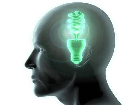 Close-up of a man's head with a glowing CFL green light bulb inside Stock Illustration