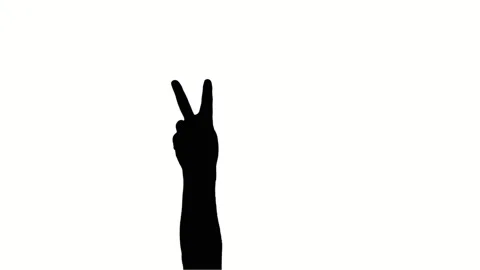 Close-up, man's victory sign with hand, black silhouette on white background Stock Footage 132254795