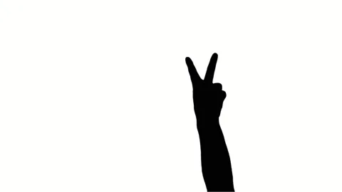 Close-up, man's victory sign with hand, black silhouette on white background Stock Footage 132255129