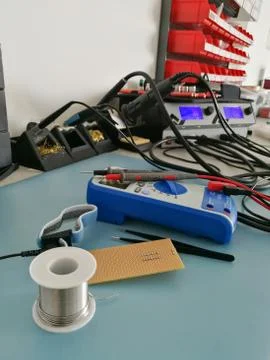 Close up of manual electronic tools and equipment on the electronics engineer Stock Photos