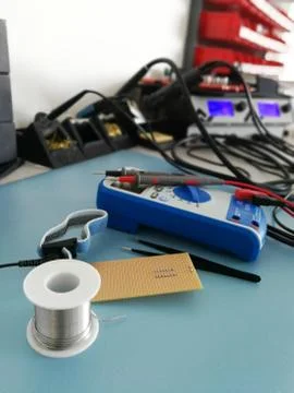 Close up of manual electronic tools and equipment on the electronics engineer Stock Photos