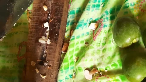 Close-Up of Manual Raw Mango Cutting for Homemade Pickle Video stock 336916068
