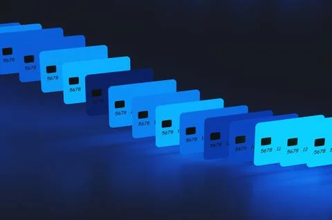 Close up of many blue credit cards on black background. 3d rendering illustra Stock Illustration