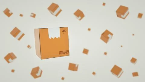 Close up of many brown boxes are flying in the air on a light blue background Stock Illustration