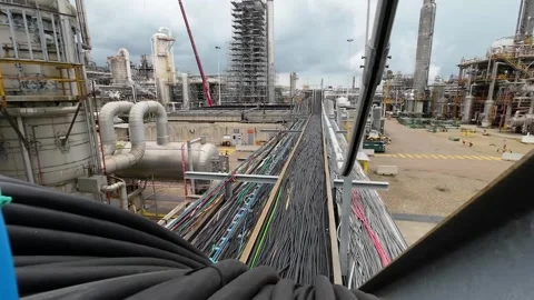 Close-up of many cables in part of a cable rack and cable routes Stock Footage 316039139