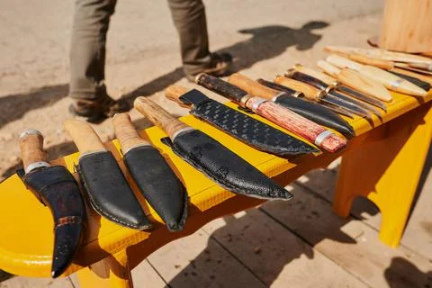 Close up of many kinds of different rustic vintage knifes long time ago for Stock Photos