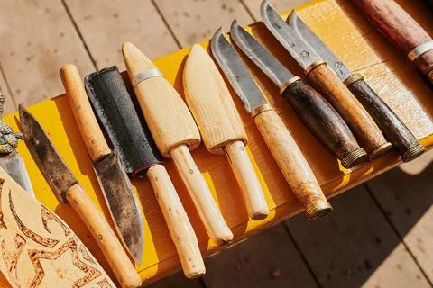 Close up of many kinds of different rustic vintage knifes long time ago for Stock Photos