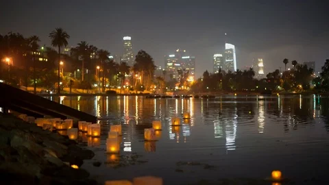 Close up of many lantern with downtown skyline in Lotus Festival Echo Park Stock Footage 112349072