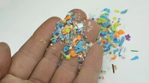 Close-up on many microplastic particles in human hand. Stock Photos